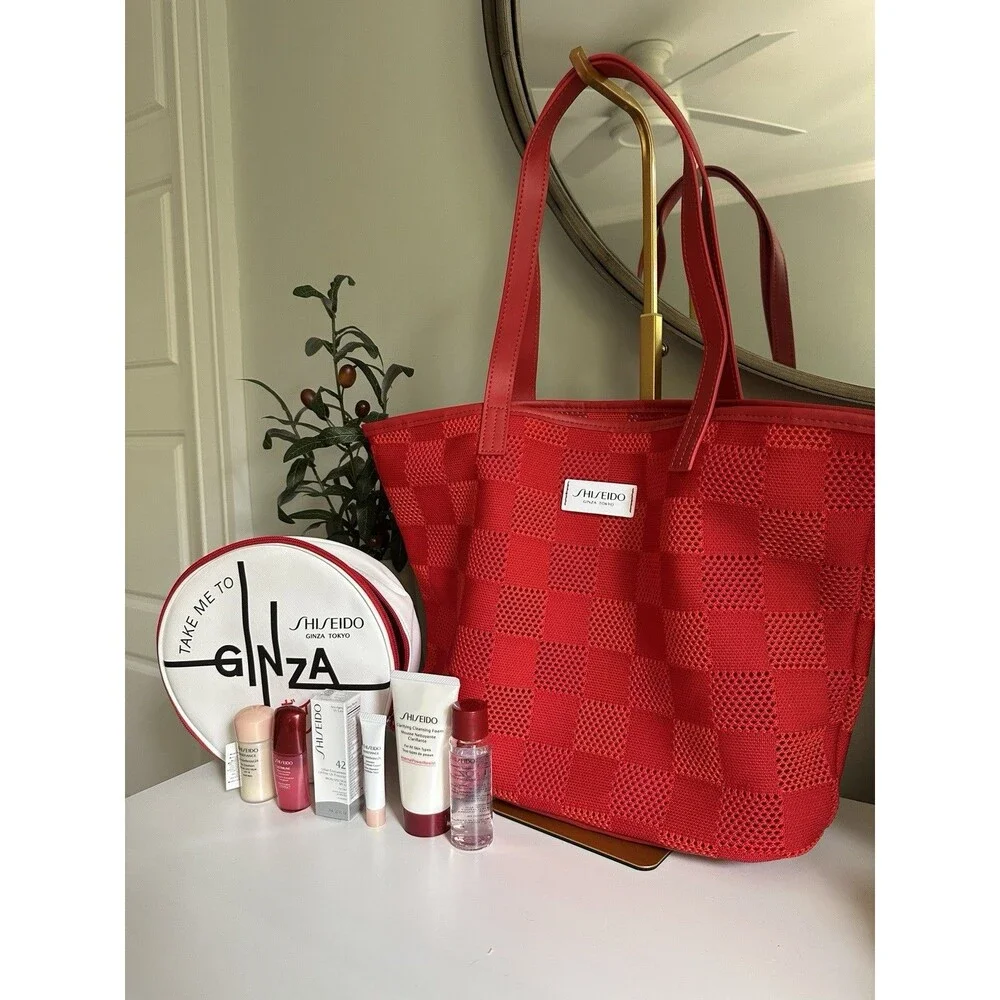 NIB Rare Shiseido Ginza Tokyo Skincare Set - Red Mesh Tote & Round Cosmetic Case